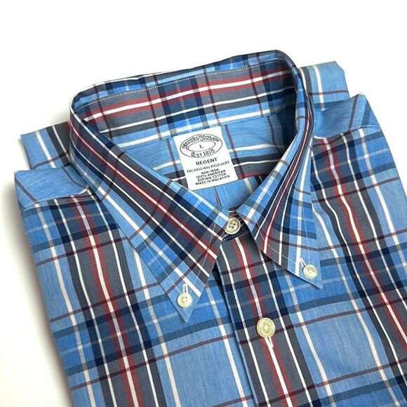 Brooks Brothers Button Down Shirt Casual Cotton Blue Plaid Regent Fit size L - Picture 1 of 11